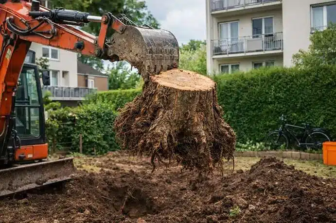 Dessouchage d’une souche d’arbre après abattage dans un jardin résidentiel