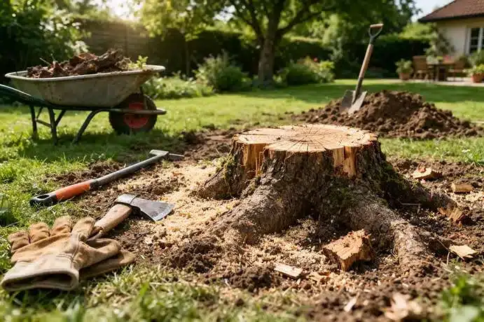 Enlever une grosse souche d’arbre dans un jardin avec outils de dessouchage