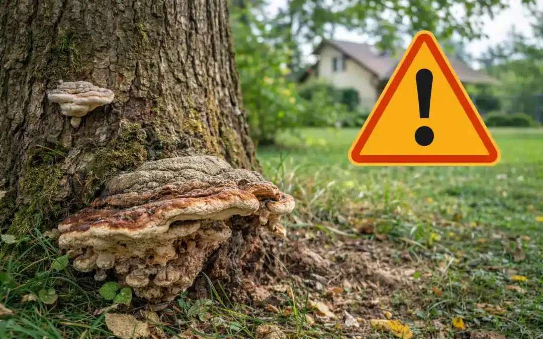 Champignon sur tronc d’arbre malade avec risque de chute dans un jardin dans les Yvelines
