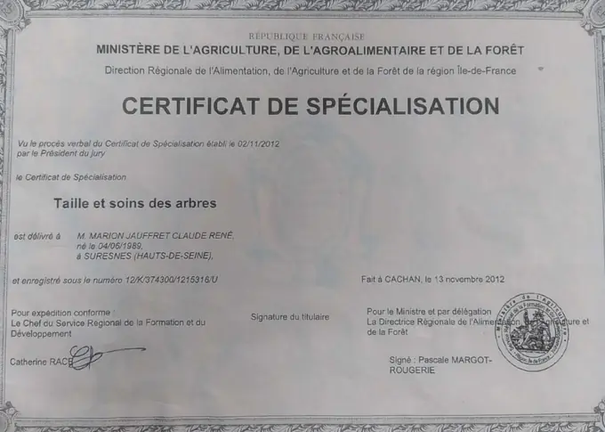Certificat de Spécialisation Taille et soins des arbres - Tree Art Elagage Certificat de Spécialisation Taille et soins des arbres - Tree Art Elagage Yvelines