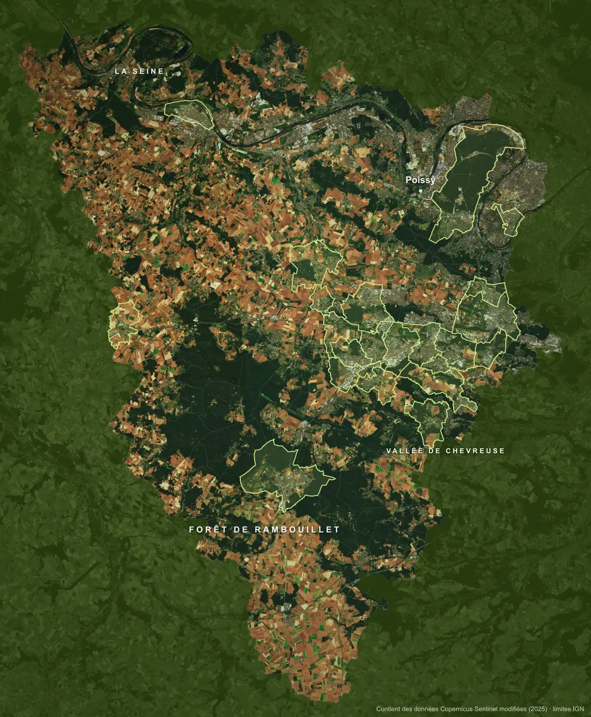 Carte satellite des communes des Yvelines où intervient Tree Art Elagage, autour d’Élancourt